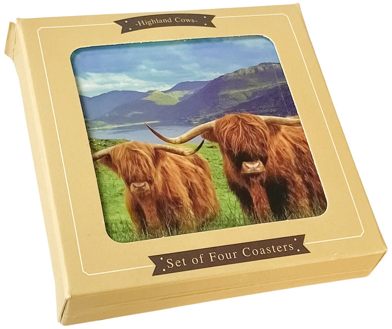 Set Of 4 Cork Back Coasters Highland Cow Design Non Slip Square Table Coasters