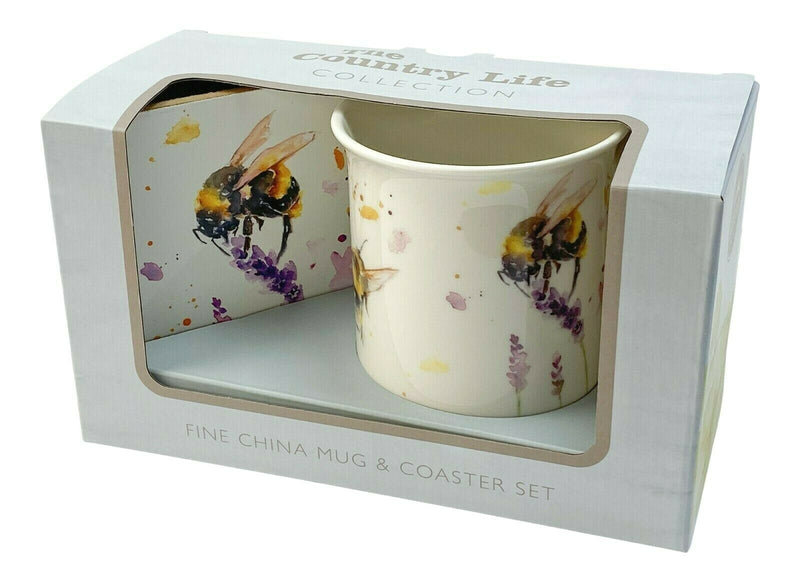 Set Of 4 Leonardo Fine China Large Mugs & Coaster Gift Set Country Bees Theme