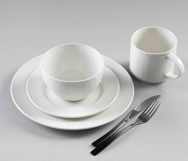 16 Piece Ceramic Dinner Set White Plates Bowls Mugs Rippled Dinnerware Set