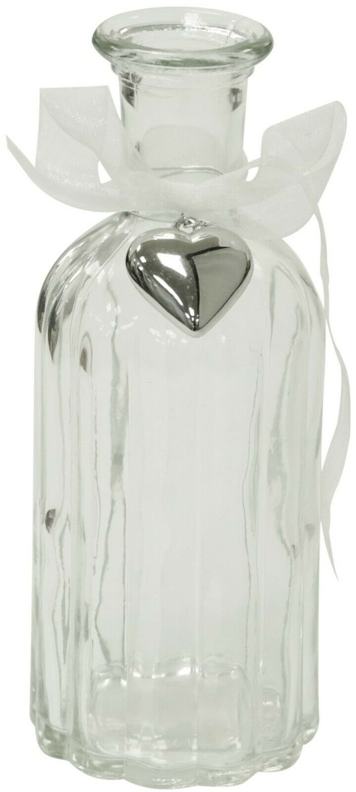 19cm Clear Glass Bottle Neck Bud Vase With Ribbon Silver Heart Glass Flower Vase