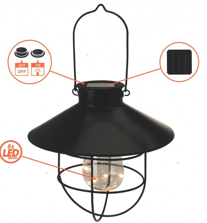 Led Solar Hanging Lantern Garden Light Patio Light 8 Micro Led Black Metal