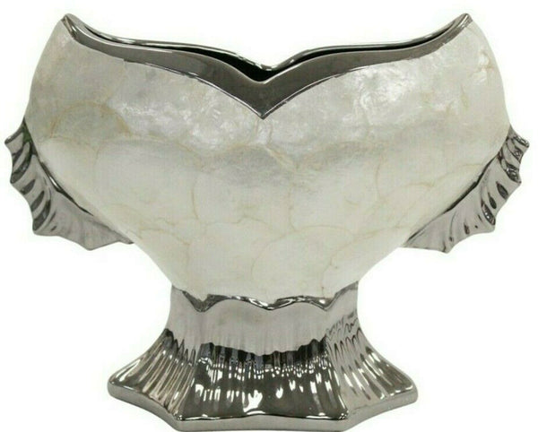 Ceramic Silver & Beige Fishtail Bowl Unique Decorative Home Vase Pearly Design