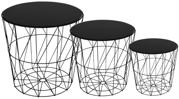 Set Of 3 Side Tables Nesting Coffee Tables Black With Black Glass Top