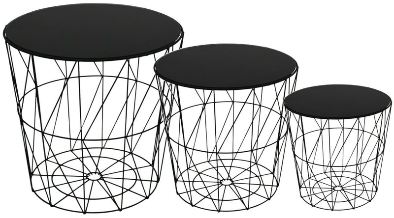 Set Of 3 Side Tables Nesting Coffee Tables Black With Black Glass Top