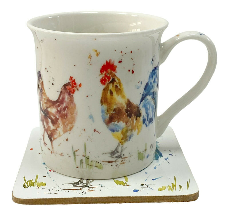 Set Of 4 Leonardo Fine China Large Mugs & Coaster Gift Set Country Chicken Theme