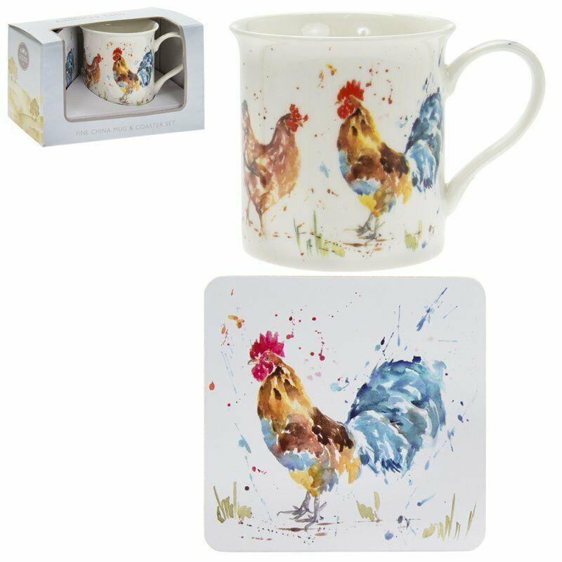 Set Of 4 Leonardo Fine China Large Mugs & Coaster Gift Set Country Chicken Theme