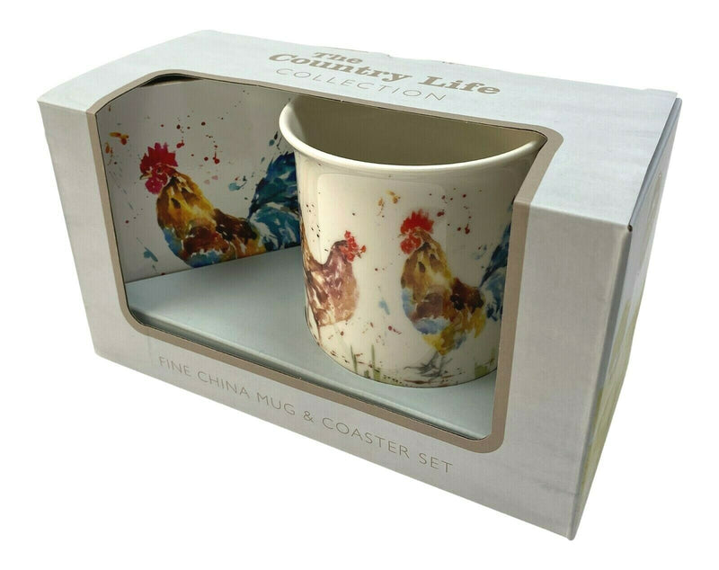 Set Of 4 Leonardo Fine China Large Mugs & Coaster Gift Set Country Chicken Theme