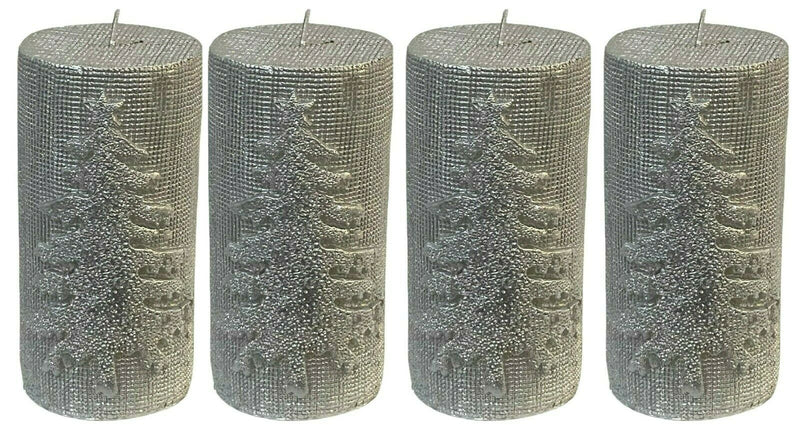 Set x 4 Christmas Tree Silver Pillar Candle 45 Hr Cylinder Textured Wax Candle