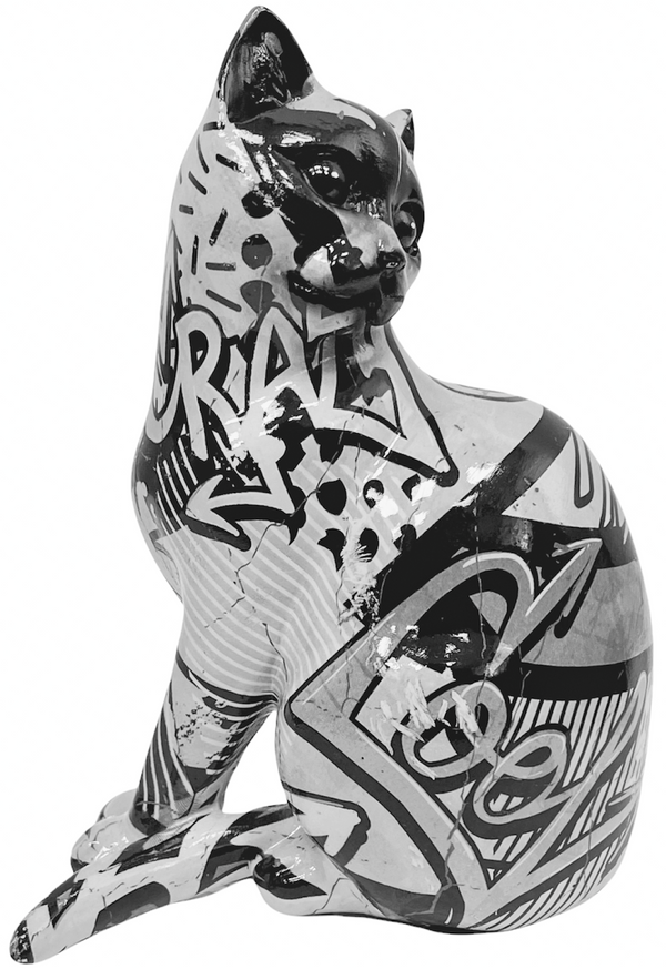 Monochrome Cat Ornament Graffiti Design Animal Sculpture Sitting Kitten Figurine