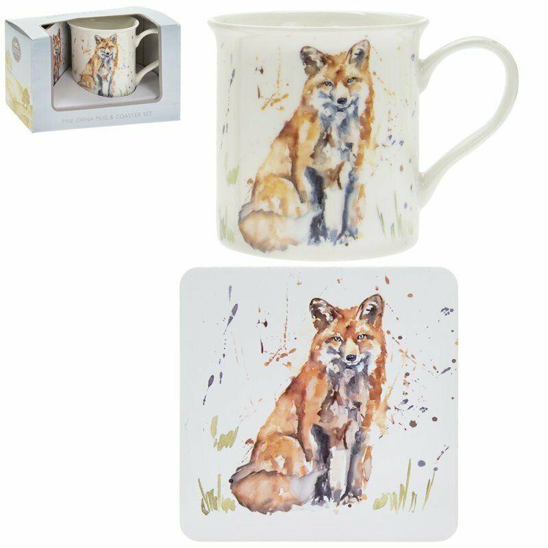 Set Of 4 Leonardo Fine China Large Mugs & Coaster Gift Set Country Fox Theme