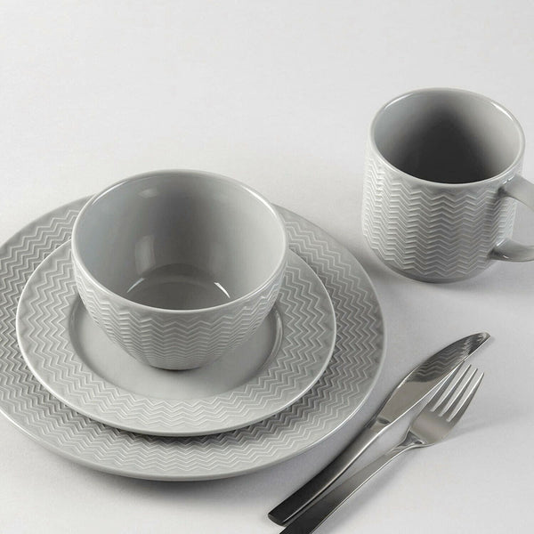 16 Piece Ceramic Dinner Set Plates Bowls Mugs Rippled Grey Dinnerware Set