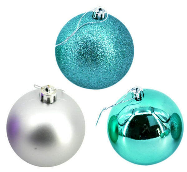 Turquoise Silver Baubles Bulk Pack Christmas Decoration Assorted Glitter 6cm